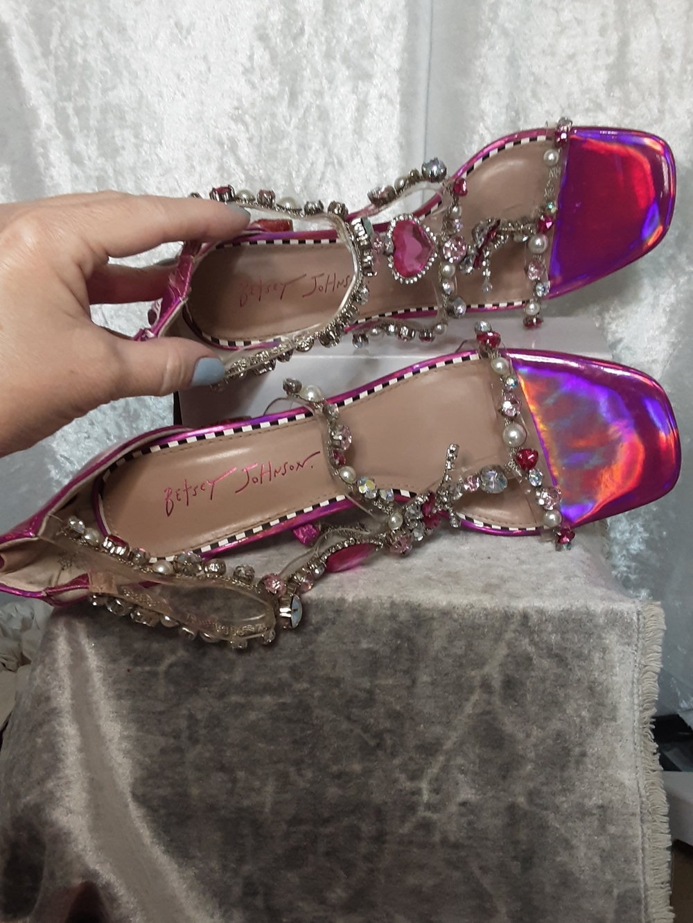 Betsey Johnson Hot Pink Rhinestone Dress Shoes With Glitter Heels - Picture 11 of 16